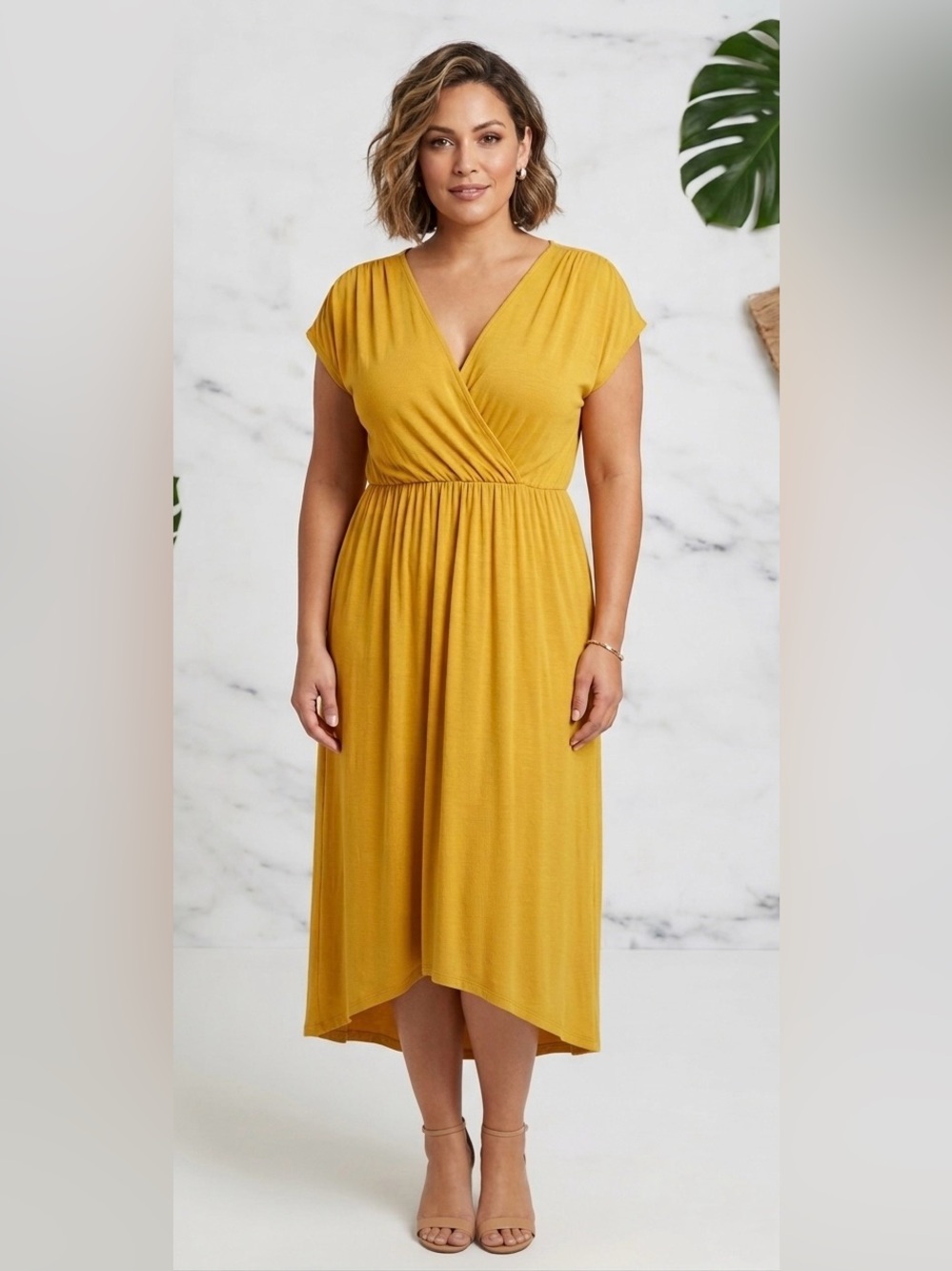 Espresso Mustard Yellow Maxi Dress XL – Faux Wrap V-Neck Elastic Waist Boho